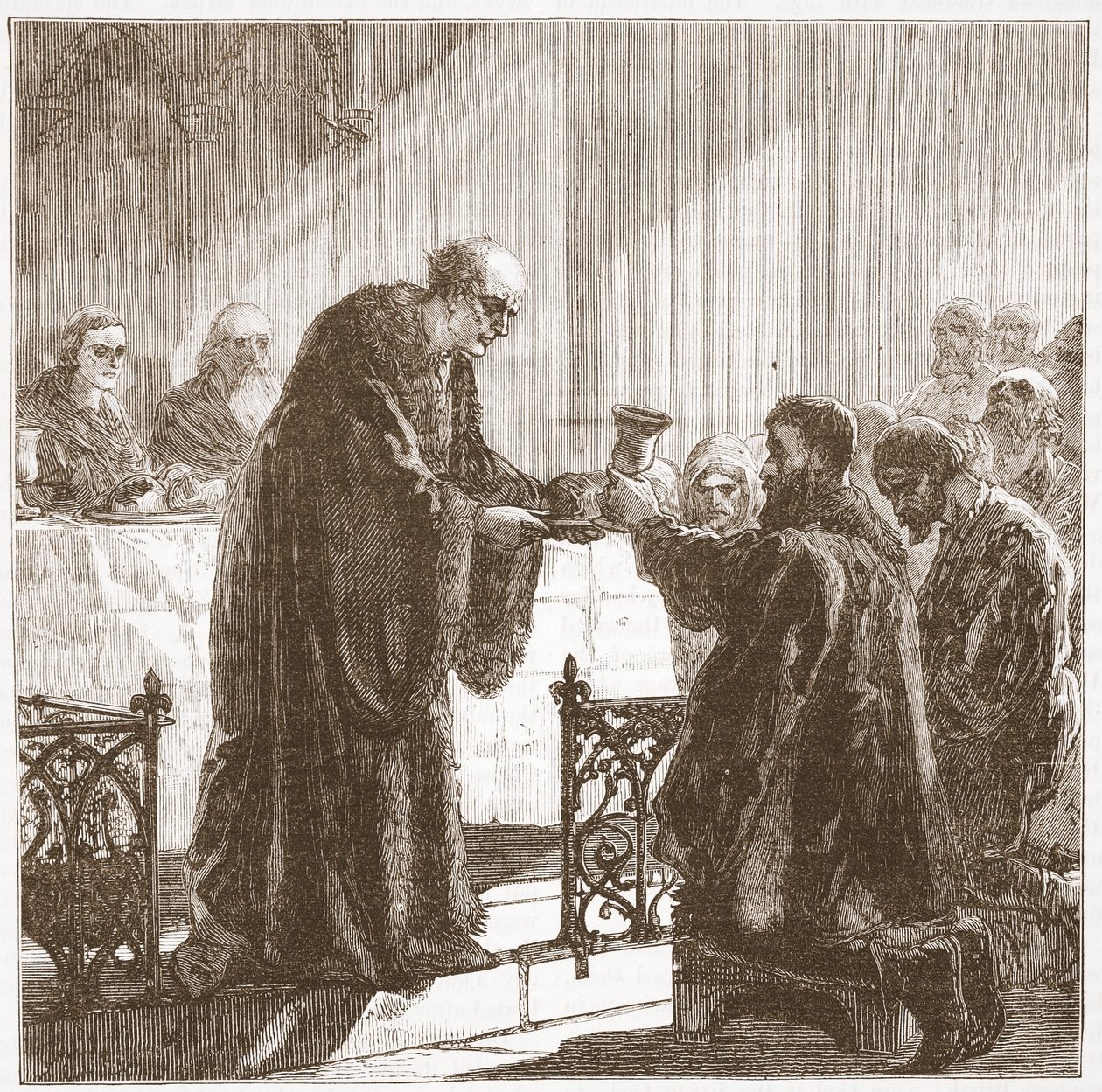 Oslava Večeře Páně v protestantské podobě od Curychových, ilustrace z Dějin protestantismu od Jamese Aitkena Wylie (1808-1890), hospoda. 1878 od English School