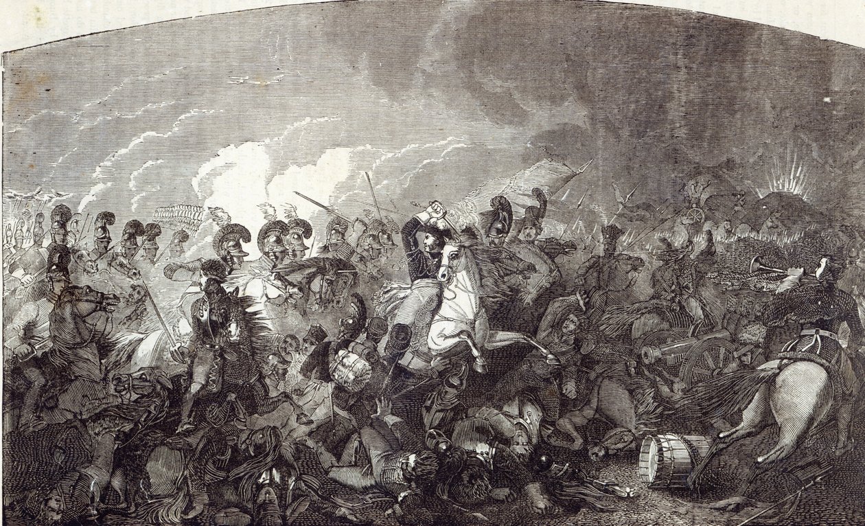 Obvinění z těžké brigády lorda Somerseta u Waterloo a totální porážka francouzské armády, ilustrace z „Cassell