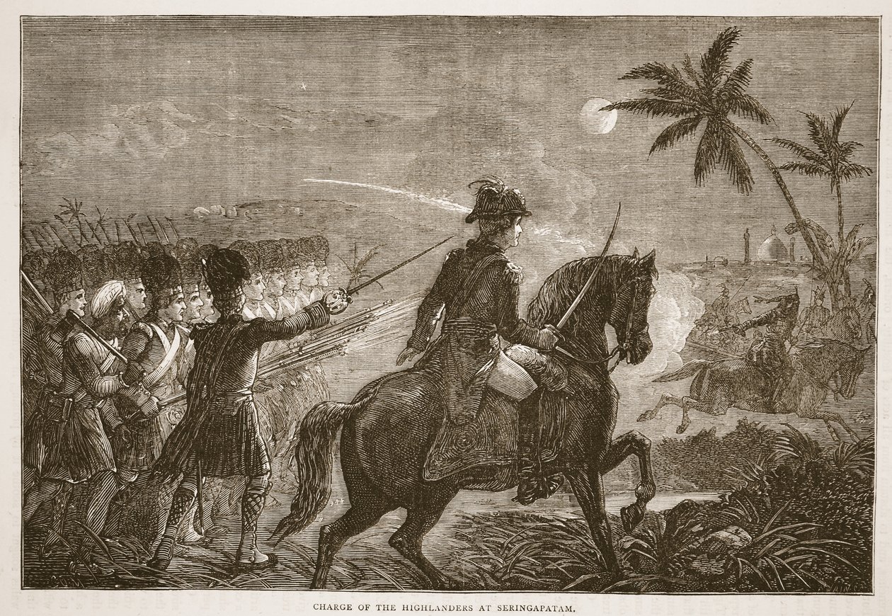 Charge of the Highlanders at Seringapatam, ilustrace z Cassells Illustrated History of India od Jamese Granta, pub. 1879 od English School