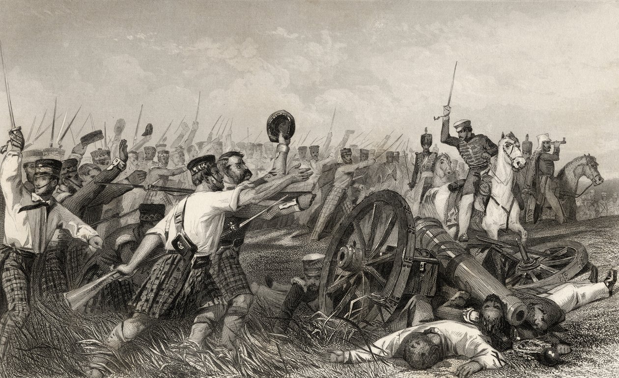 Charge of the Highlanders před Cawnpore pod vedením generála Havelocka, z „Historie indické vzpoury“, vydané v roce 1858 od English School