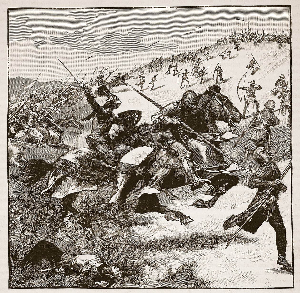 Útok Skotů na Homildon Hill, ilustrace z Cassells Illustrated History of England (sépiová fotografie) od English School