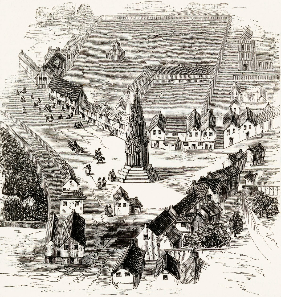 Charing Cross, Londýn, v 16. století, kolem roku 1865 (dřevoryt) od English School