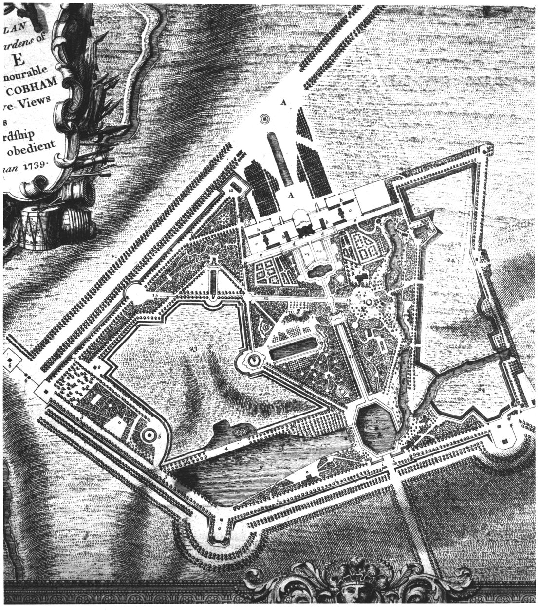 Plán Charlese Bridgemana (fl.1713-38) pro Stowe Gardens z knihy s pohledy na Stowe, kterou vydala paní Charles Bridgeman v roce 1739 (pozdější plán Williama Kentse viz 140583). od English School