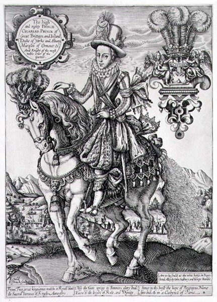 Karel I. jako princ z Walesu na koni, z „Knihy králů“, vyryl Renold Elstrack (1571-c.1630) 1618 (rytina) od English School