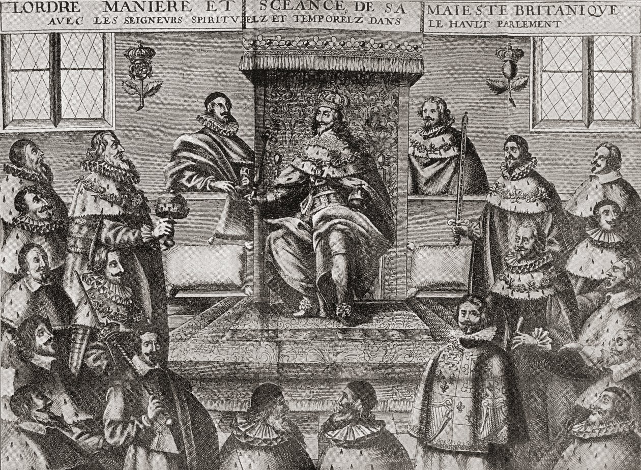 Karel I. ve Sněmovně lordů v roce 1648, z „Krátké historie anglického lidu“ od J. R. Greena, vydaného v roce 1893 od English School