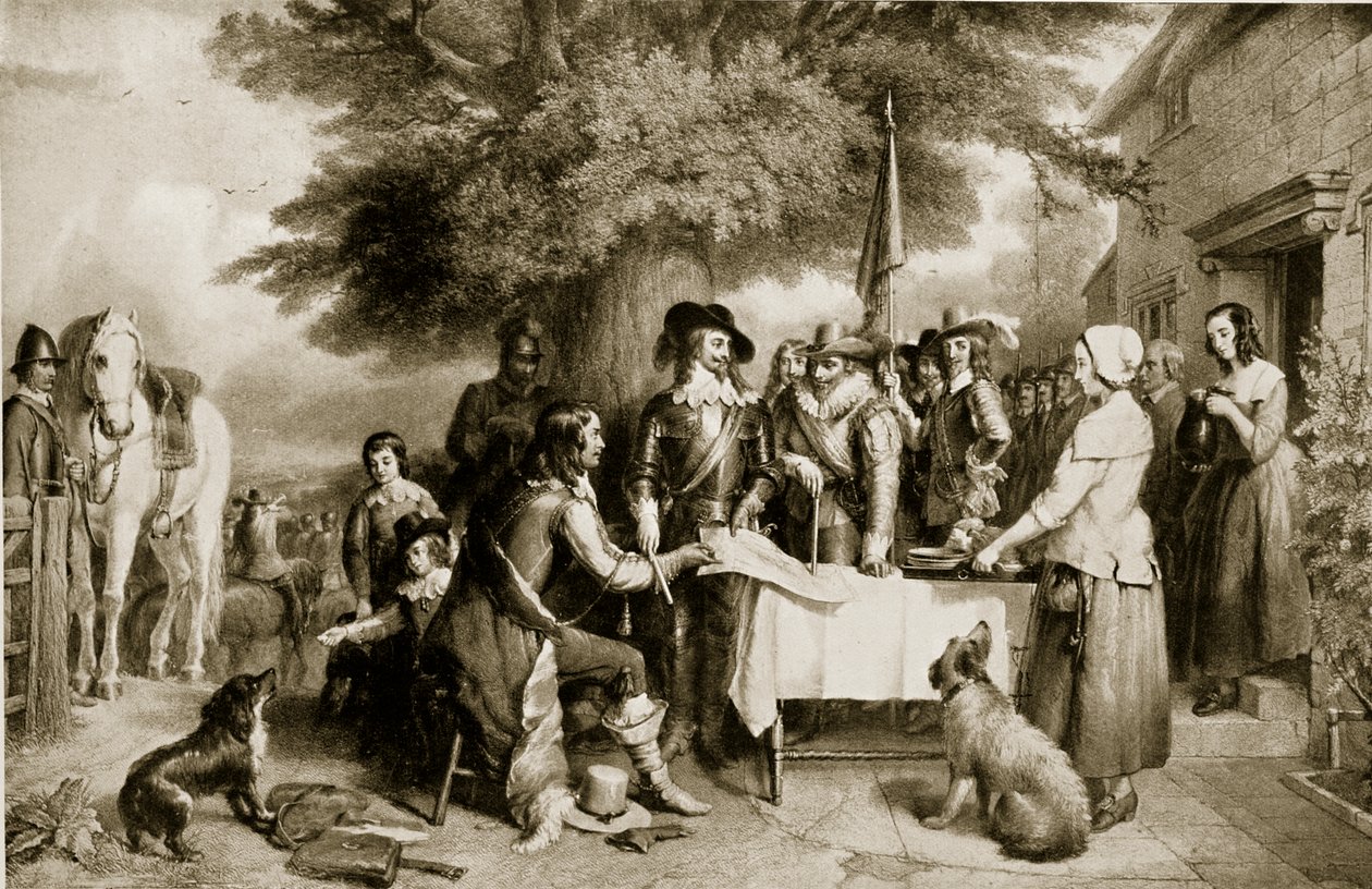 Karel I. v předvečer bitvy u Edgehilu, 22. října 1642, ilustrace z knihy Hutchinsons Story of the British Nation, cca 1923. od English School