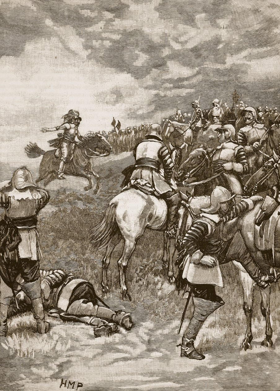 Karel v bitvě u Naseby, ilustrace z Cassells Illustrated History of England (sépiová fotografie) od English School