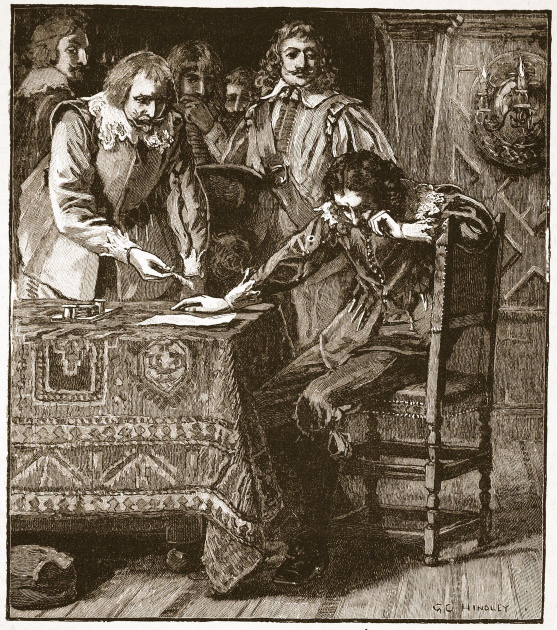 Karel podepisuje souhlasné prohlášení ke Straffordovu rozsudku, ilustrace z Cassells Illustrated History of England (sépiová fotografie) od English School
