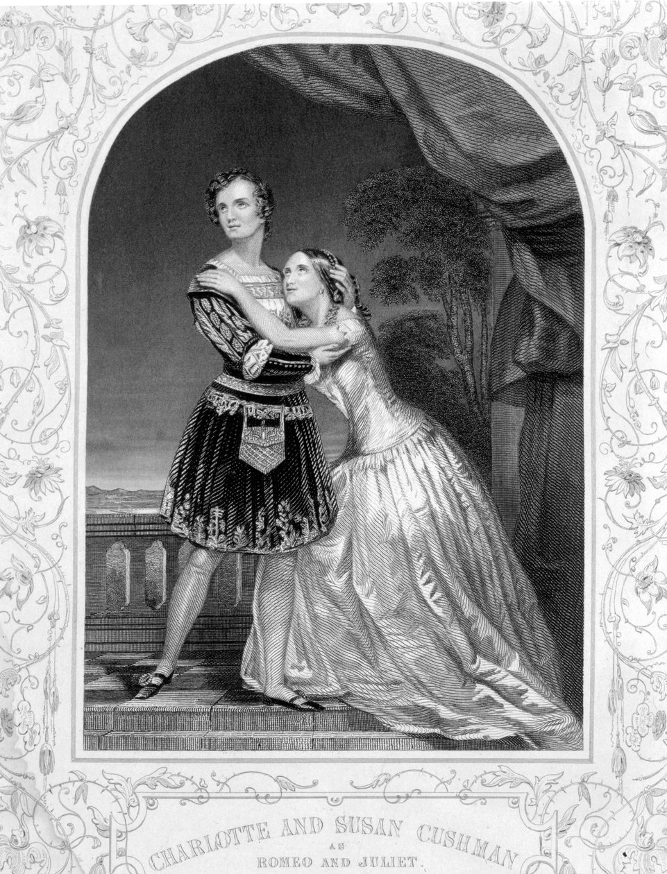 Charlotte a Susan Cushmanové jako Romeo a Julie, dějství III Scéna 5 Romea a Julie, z daguerrotypní hospody. od John Tallis & Co. od English School