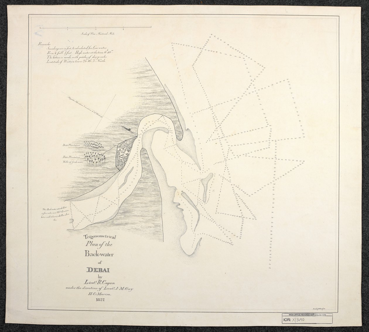 Mapa Dubaje z roku 1822 od námořních geodetů Anglické východoindické společnosti s názvem Trigonometrický plán zadních vod Debaje od poručíka R. Cogana pod vedením poručíka J. M. Guye, H. C. Marine. od English School