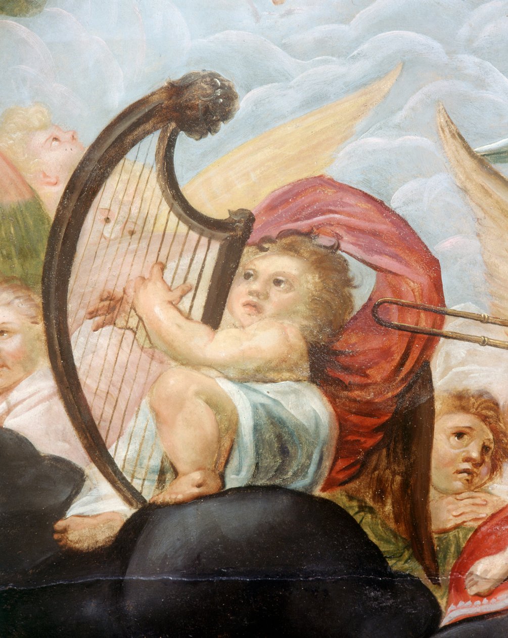Cherubín hrající na harfu, detail nástěnné malby v Nebeském pokoji (olej na plátně) od English School