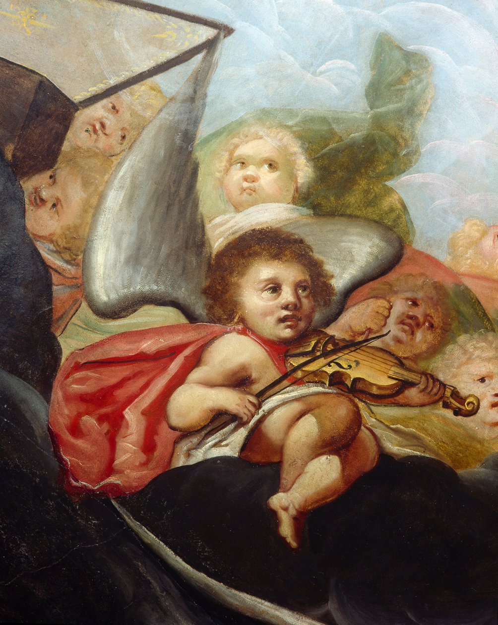 Cherubín hrající na violu, detail nástěnné malby v Nebeském pokoji (olej na plátně) od English School