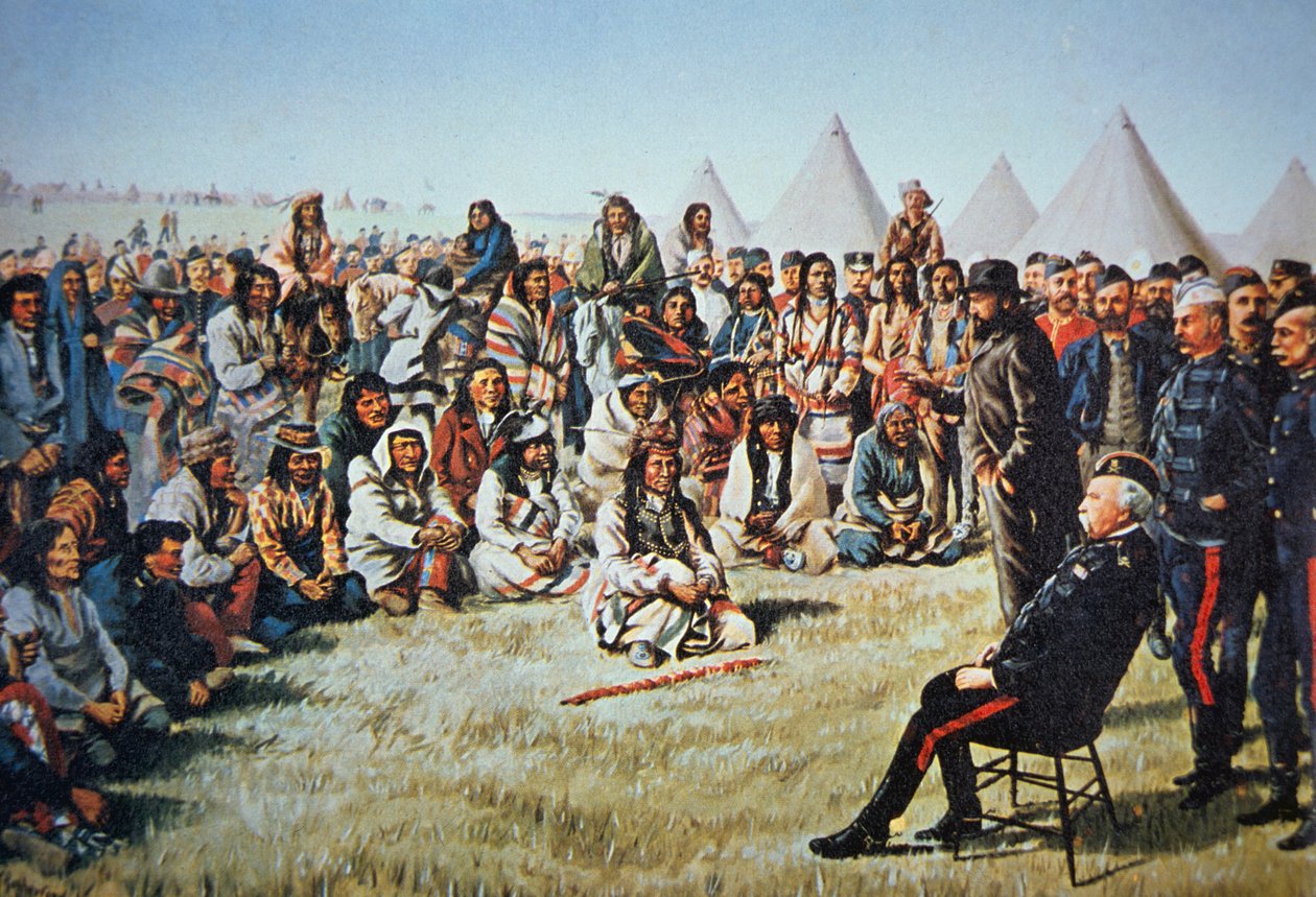Hlavní Poundmaker se vzdává generálu Middletonovi během Severozápadního povstání v roce 1885 (barevné lito) od English School