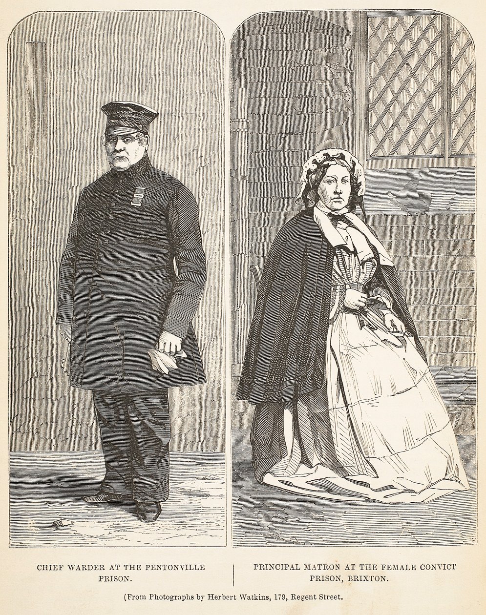 Vrchní dozorce ve věznici Pentonville a hlavní dozorkyně v ženské věznici v Brixtonu, ilustrace z knihy The Criminal Prisons of London and Scenes from Prison Life od Henryho Mayhewa a Johna od English School