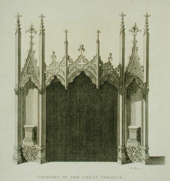 Komín ve velkém salonu Strawberry Hill, vyrytý T. Morrisem, z „Description of Strawberry Hill“ od Horace Walpolea od English School