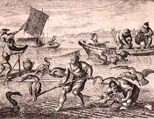 Čínští rybáři používající kormorány k lovu ryb, ilustrace z popisu velvyslanectví v Číně od English School