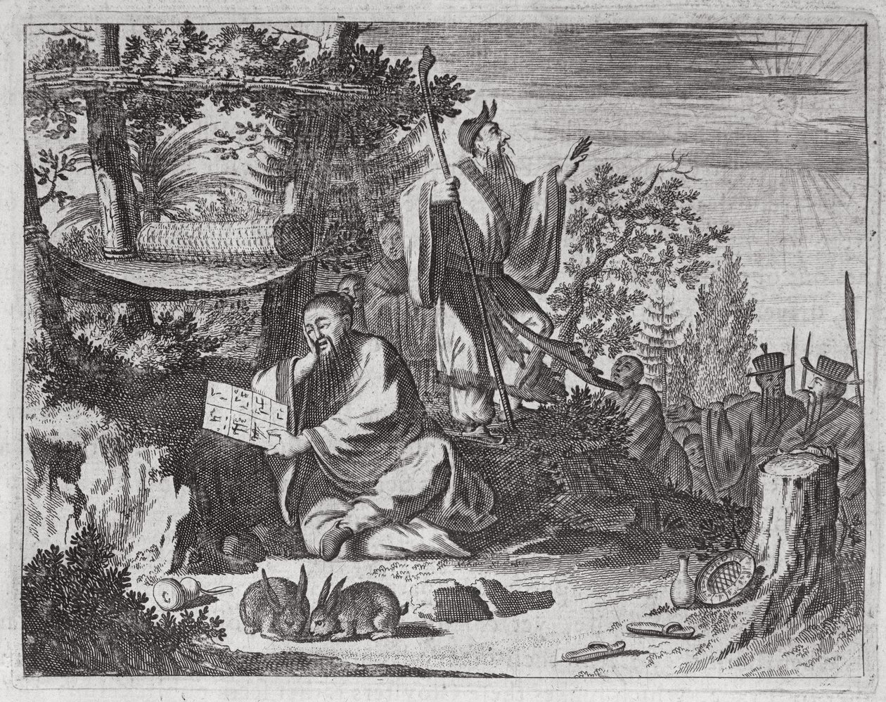 Čínští svatí muži, ilustrace z popisu vyslanectví do Číny, 1690 od English School