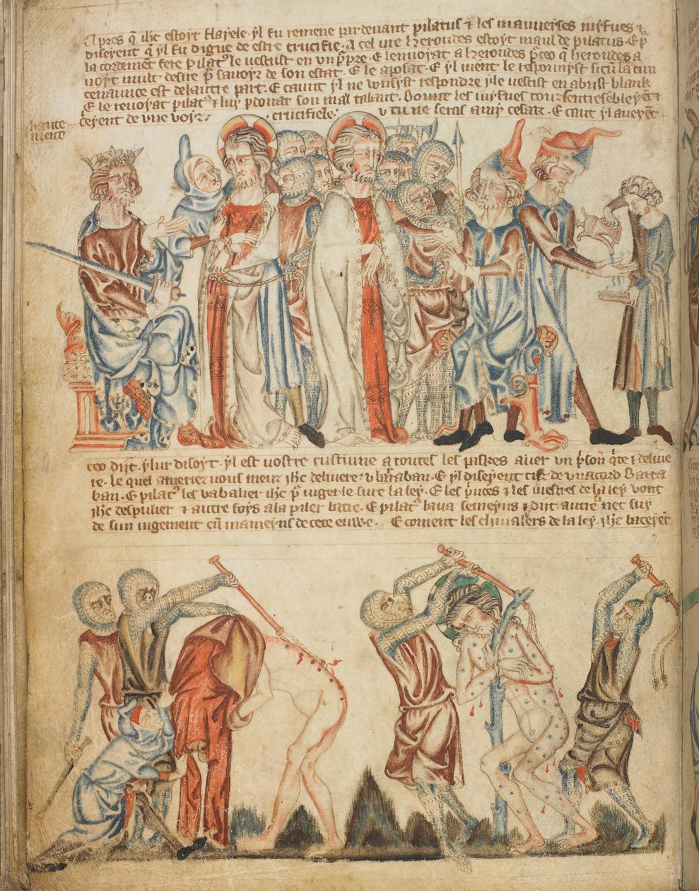 Kristus před Herodem a před Pilátem; Herodes si myje ruce; bičování Krista, Add. 47682, f.30v, c.1320-30 (vellum) od English School