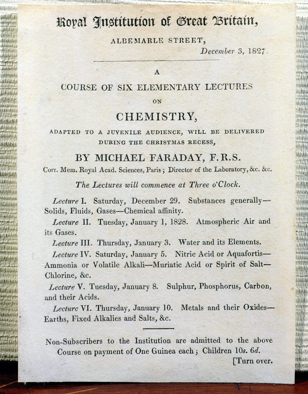 Vánoční leták k šesti základním přednáškám o chemii Michaela Faradaye (1778-1829) 3. prosince 1827 od English School