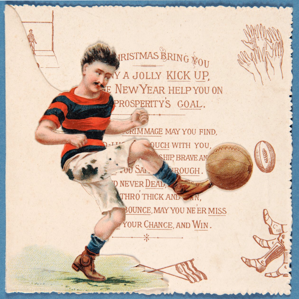 Vánoční přání zobrazující fotbalistu kopajícího do míče, kolem 90. let 19. století od English School