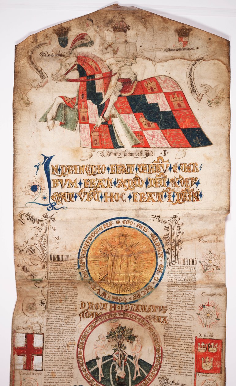Kronika dějin světa od stvoření po Woden, s genealogií Edwarda IV (Edward IV Roll), úvodní část s portrétem Edwarda IV na koni, rondel s Bohem a další od English School