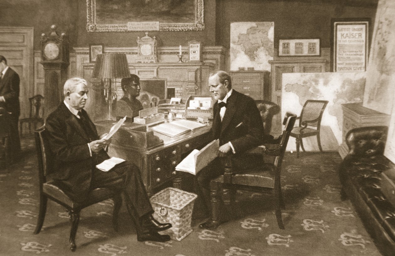 Churchill a Fisher při práci: První lord ve svém pokoji u admirality s Prvním námořním lordem, z The Illustrated War News, 1915 od English School