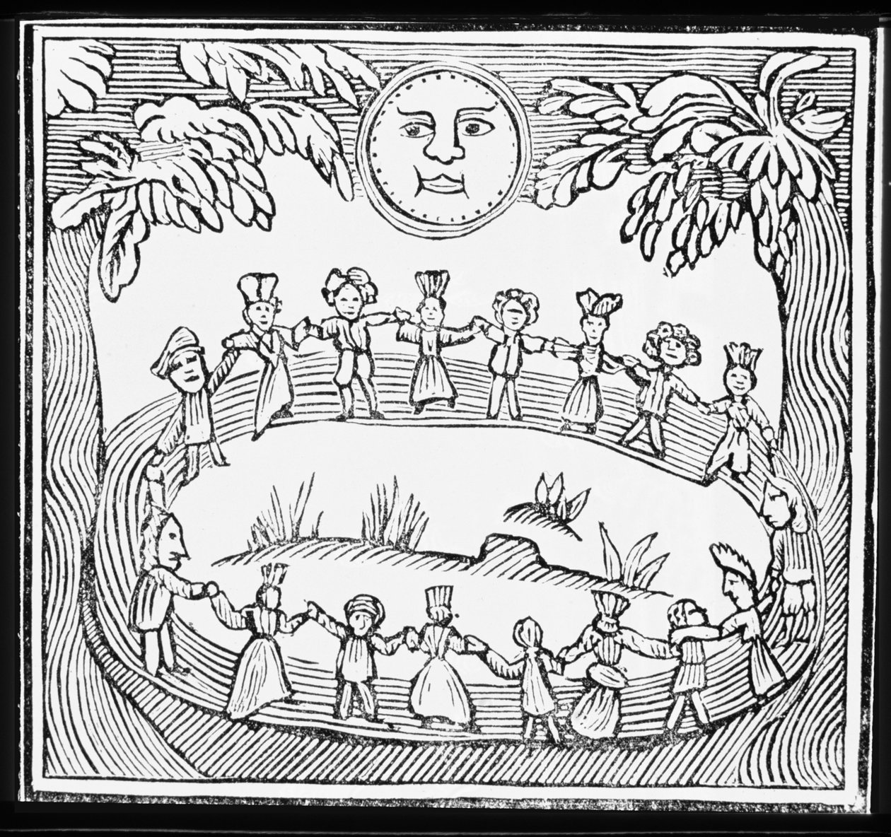 Circle of Witches Dancing Under a Full Moon, ilustrace ze sbírky chapbooks o esoterice od English School