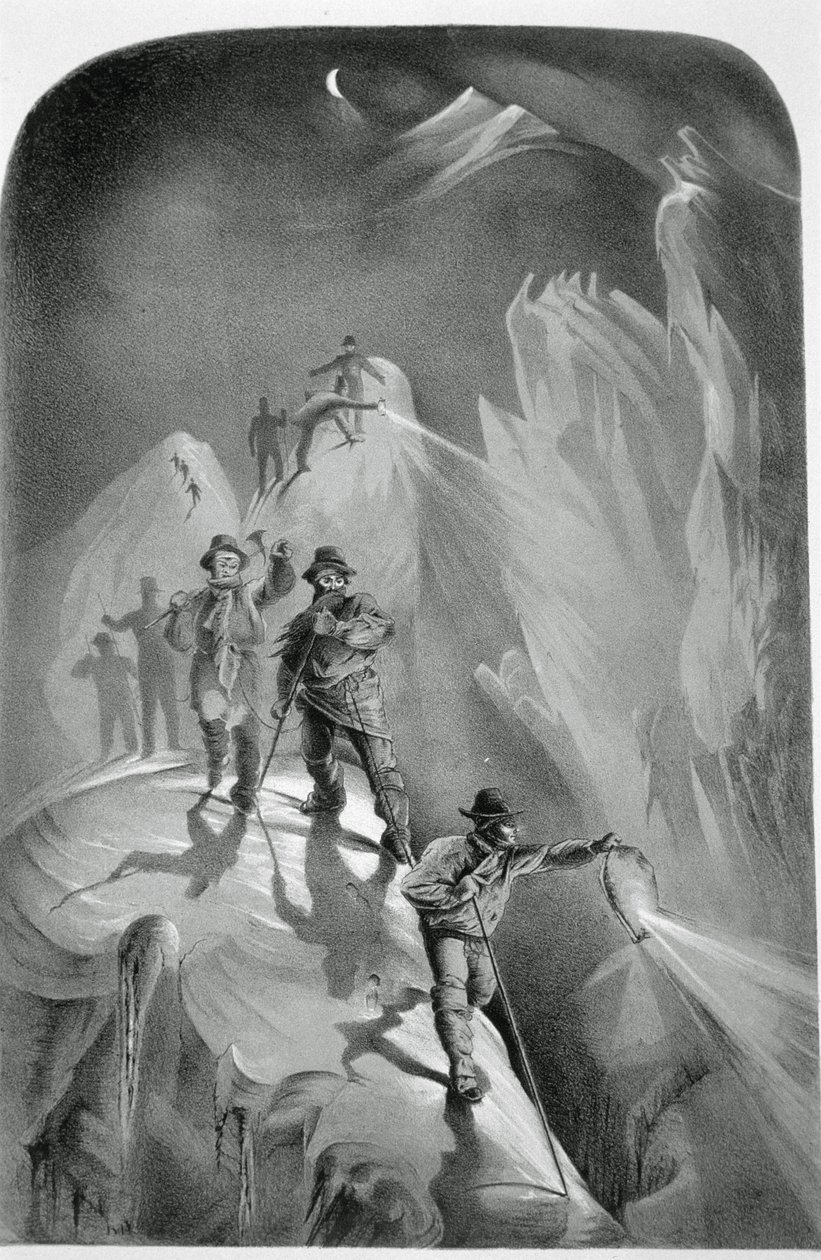 Lezení v noci, z deseti scén v posledním výstupu na Mont Blanc včetně pěti pohledů z vrcholku, J.D.H. Browne, publikoval 1853 od English School