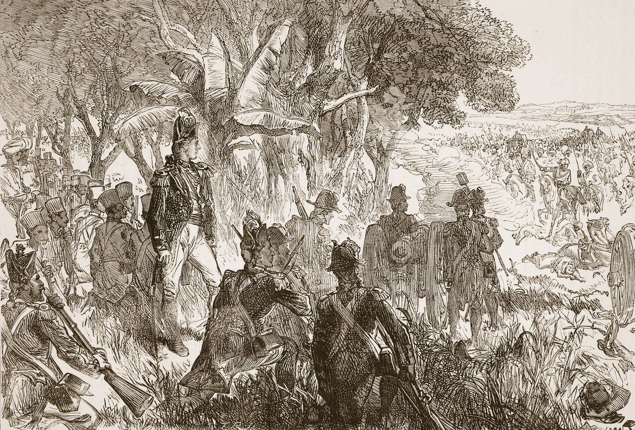 Clive at Plassey, ilustrace z Cassells Illustrated History of India od Jamese Granta, hospoda. 1879 od English School