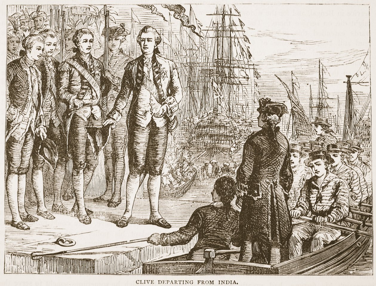 Clive odjíždějící z Indie, ilustrace z Cassells Illustrated History of India od Jamese Granta, hospoda. 1879 od English School