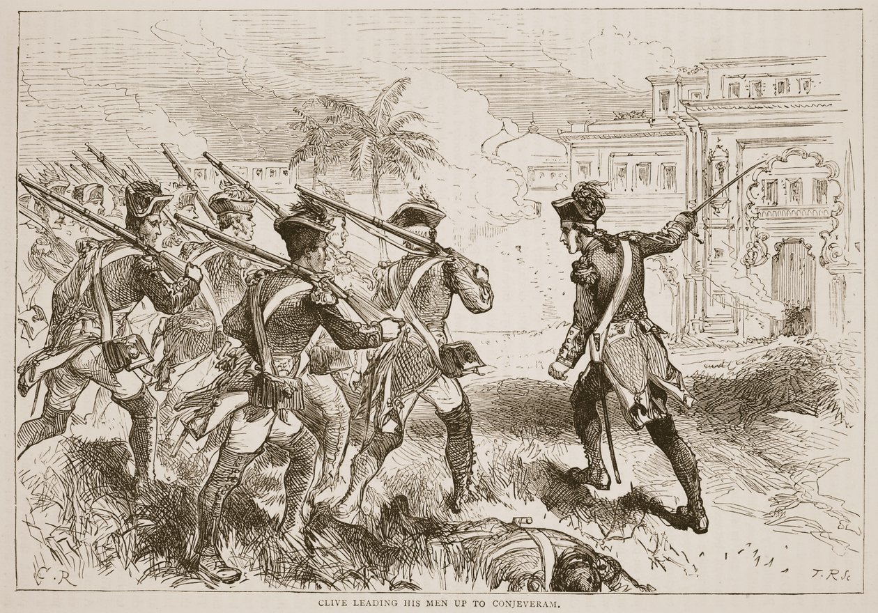 Clive vede své muže do Conjeevaram, ilustrace z Cassellových Ilustrovaných dějin Indie od Jamese Granta, hospoda. 1879 od English School