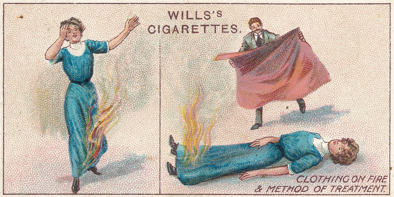 Clothing on Fire, č. 34 ze série karet Willss Cigarettes First Aid, 1913 od English School