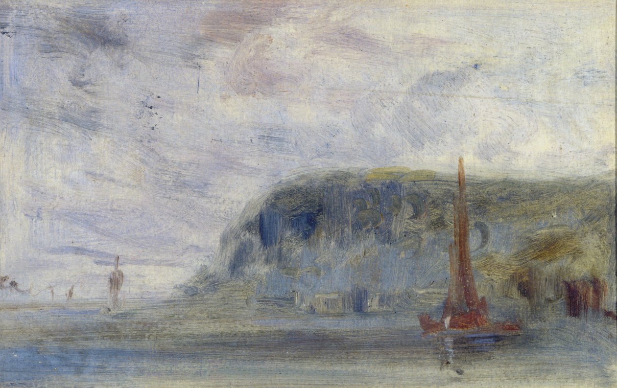 Pobřeží s útesy a čluny dříve připisované J.M.W. Turner (1775-1851) a také připisován Peteru de Wint (1784-1849) (olej na papíře) od English School
