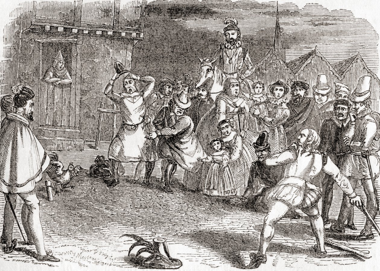 Házení kohoutem, neboli cock-shying nebo házení na kohouty, ze staré Anglie: , pub. 1847 od English School
