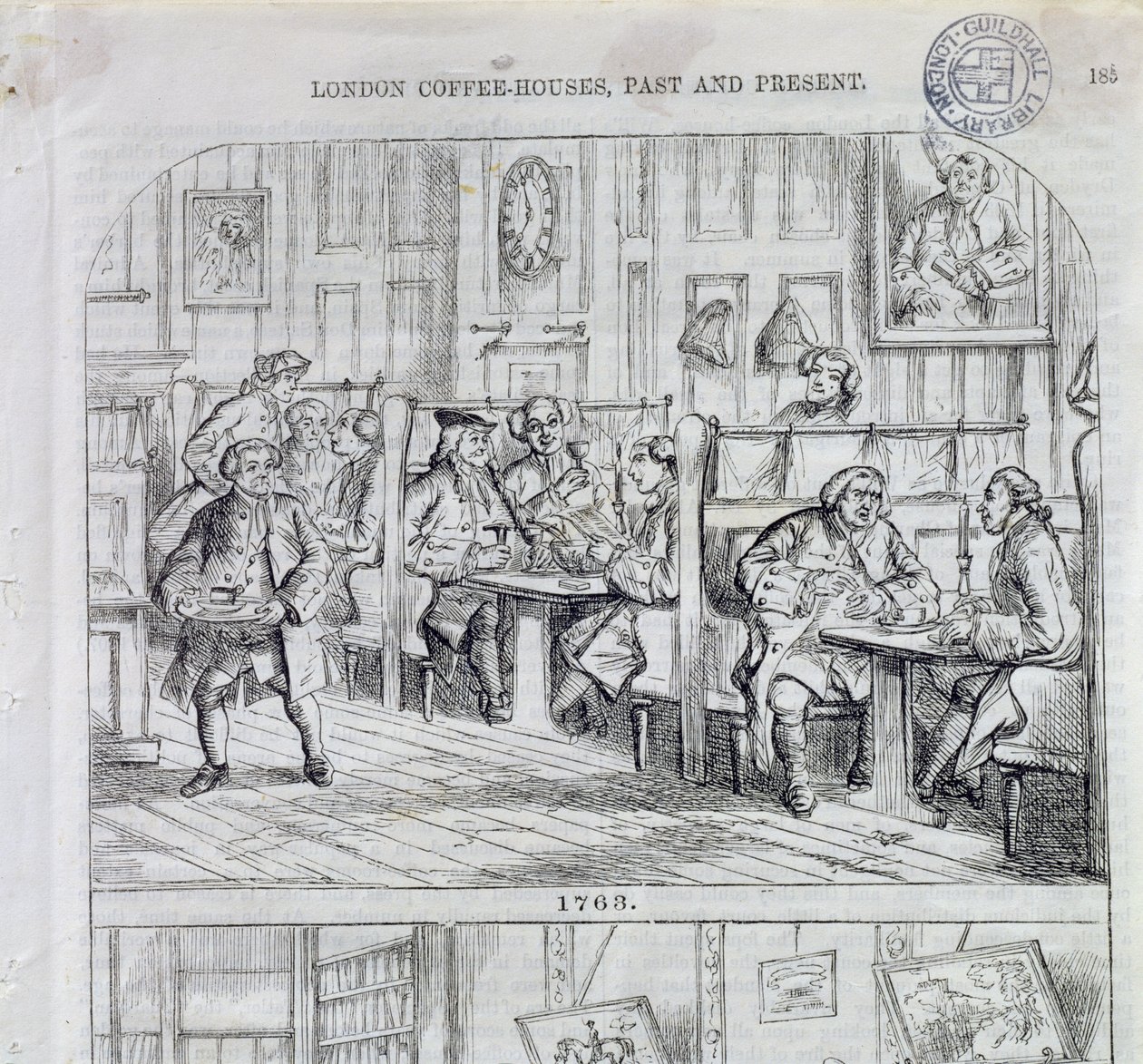 Coffee Room v roce 1763, z londýnských kaváren v minulosti a současnosti (barevná rytina) od English School