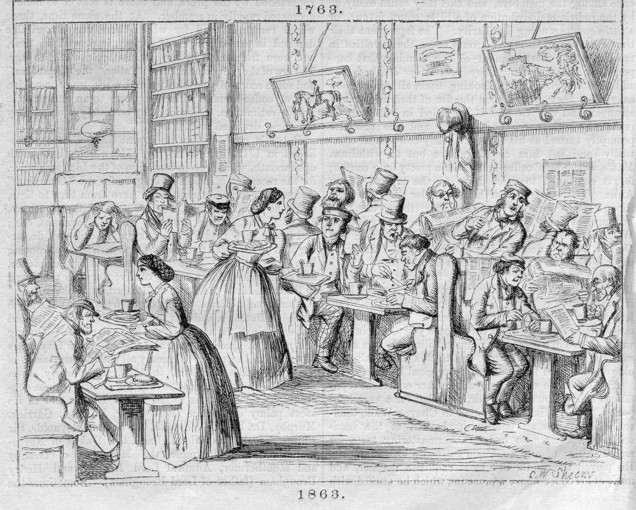 Coffee Room v roce 1863, z londýnských kaváren v minulosti a současnosti (barevná rytina) od English School