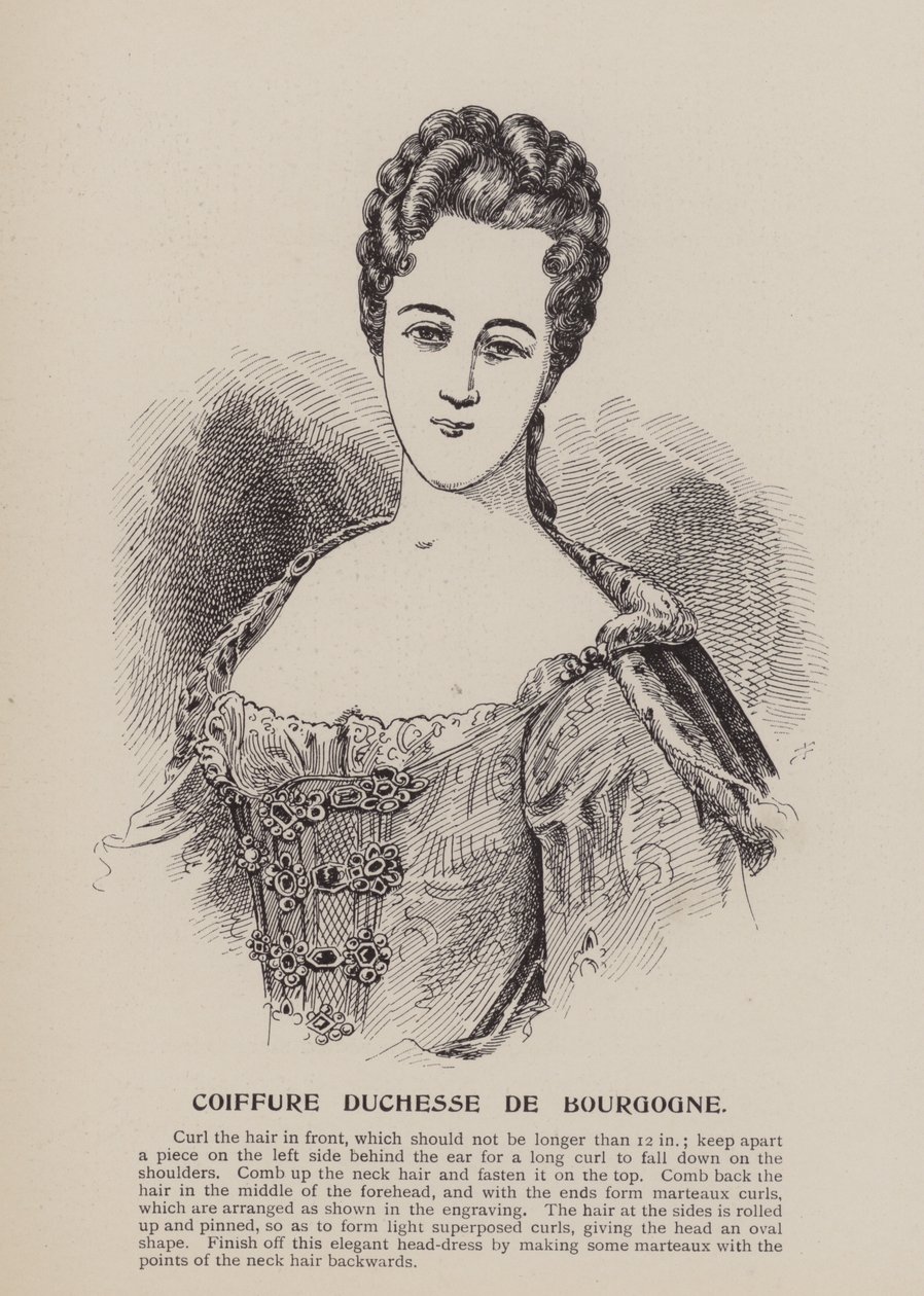 Účes vévodkyně de Bourgogne (rytina) od English School