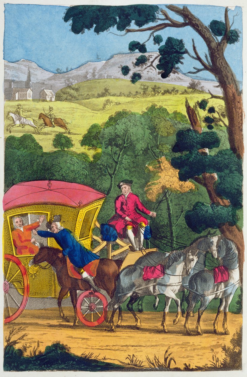 Plukovník Jack okrádá Mary Smith v Maidenhead Thicket, ilustrace z Životy a dobrodružství nejslavnějších loupežníků a pouličních lupičů... vydáno 1822 od English School