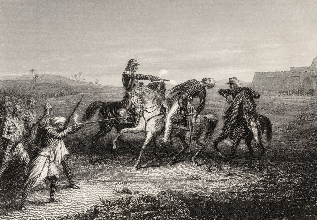 Plukovník John Platt zabitý vzbouřenci v Mhow, 1. července 1857, z „Historie indické vzpoury“, vydané v roce 1858 od English School