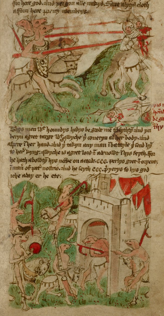 Barevné kresby zobrazující lidi se psí hlavou („Cynocephalus“) z ostrova Nacumera, z „Cestování sira Johna Mandevilla“ (pergamen) od English School