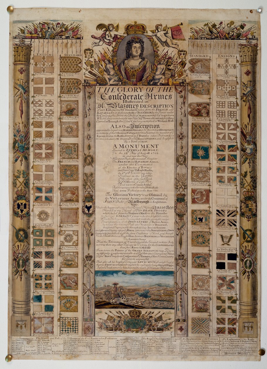 Pamětní tabulka zobrazující standardy zachycené od Francouzů po bitvě u Blenheimu, kolem roku 1704 (barevná rytina) od English School