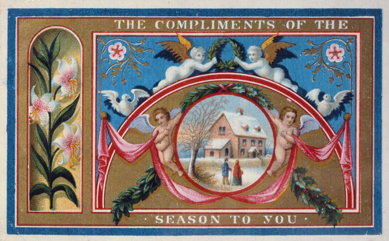 "Sesongin kohteliaisuudet", viktoriaaninen kortti (chromolitho) od English School