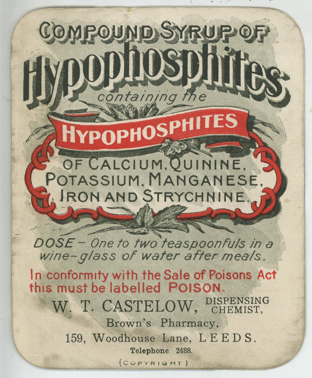 Štítek Compound Sirup of Hypophosphites, počátek 20. století (barevné lito) od English School