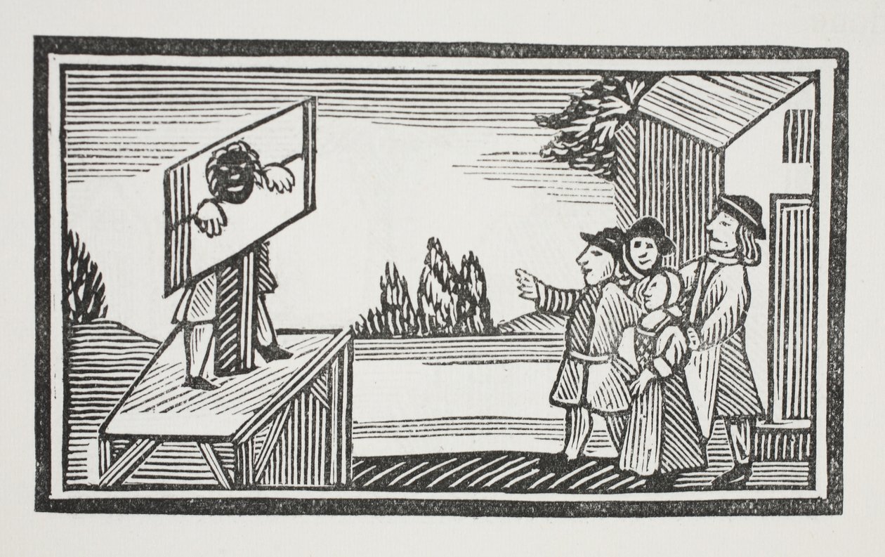 Odsouzen stát jednu hodinu nebo déle na pranýři, ilustrace z Chap-books of the Eighteenth Century od Johna Ashtona, hospoda. 1882 od English School