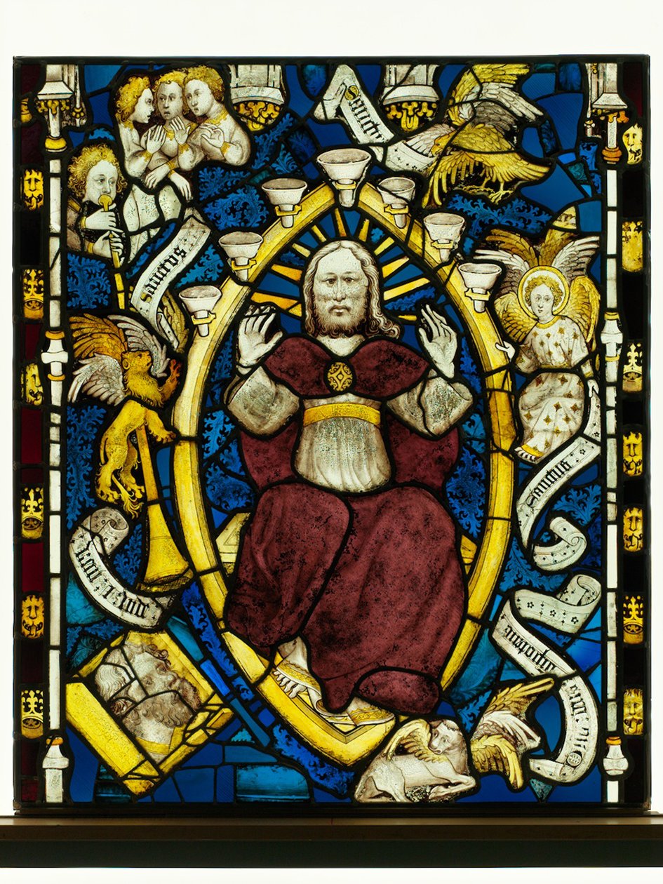 Zachovalý panel z Velkého východního okna v York Minster: ‚God in Majesty‘ od English School
