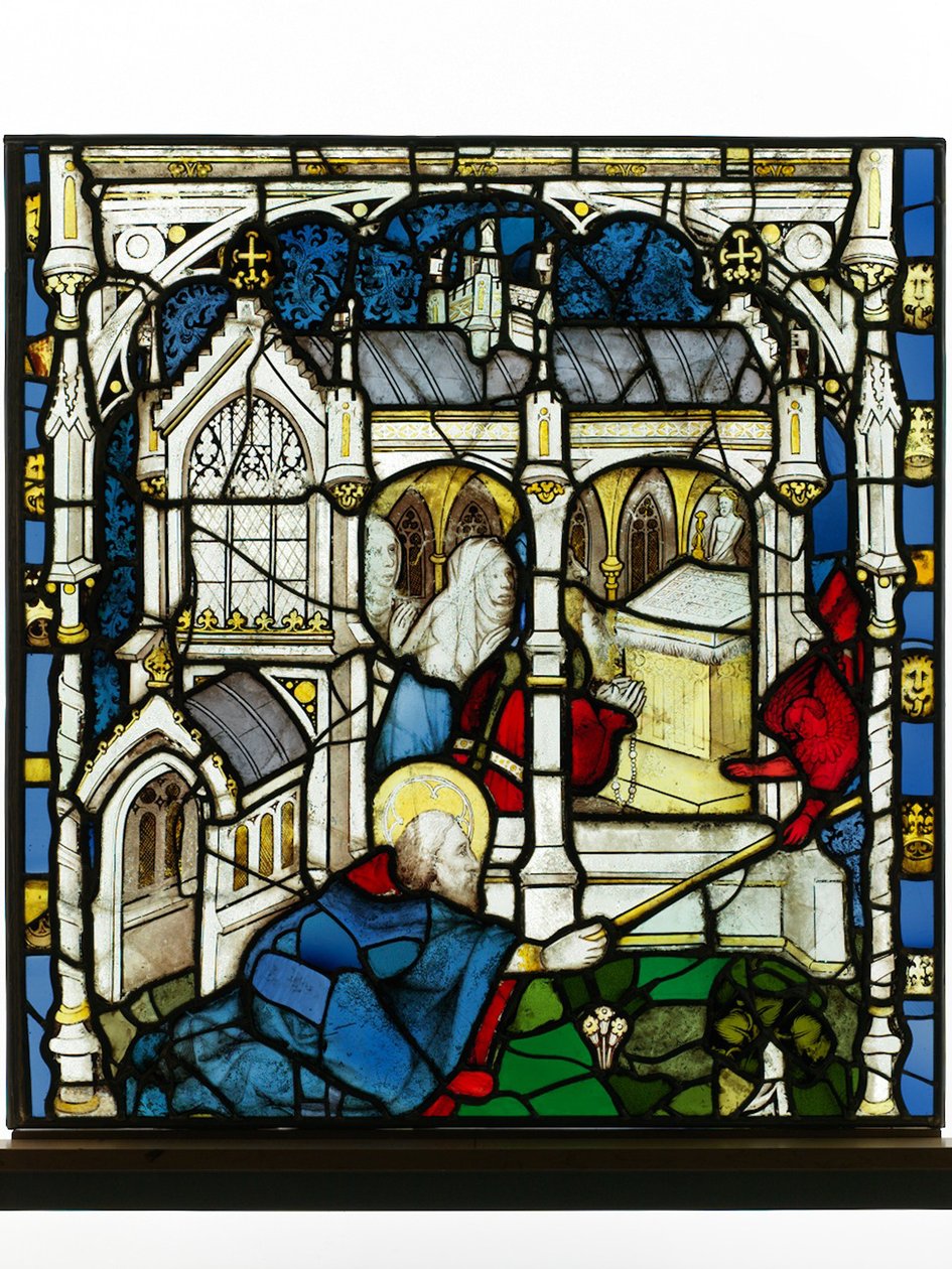 Zachovalý panel z Velkého východního okna v York Minster: „St John Measures the Temple“ od English School