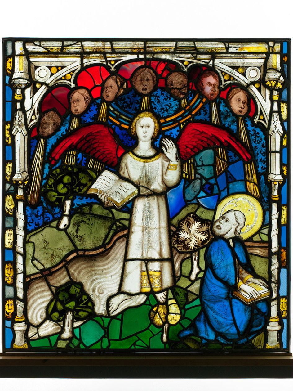 Zachovalý panel z Velkého východního okna v York Minster: „The Mighty Angel and Seven Thunders“ od English School