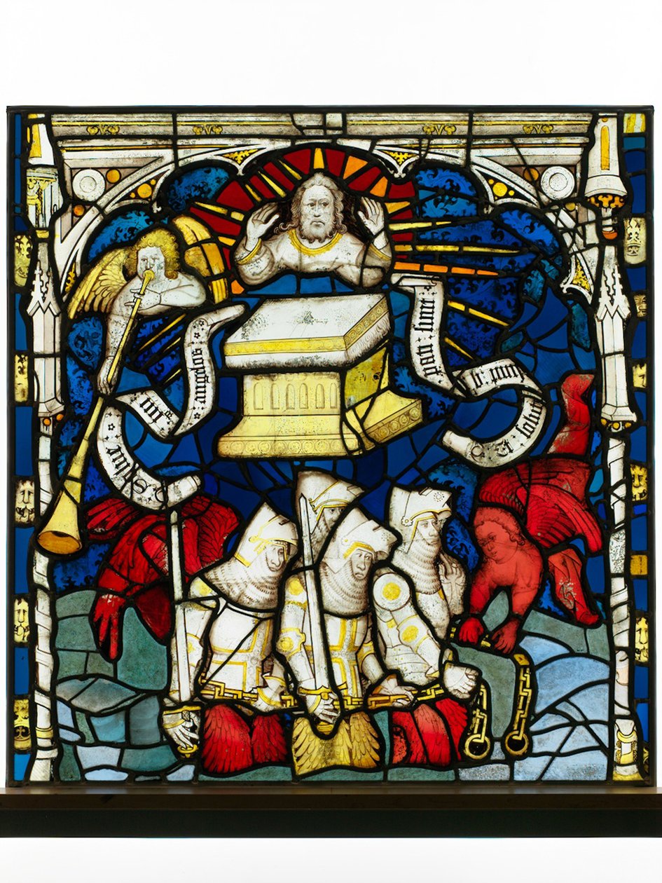 Zachovalý panel z Velkého východního okna v York Minster: „Šestý anděl zní na trubku a ztráta čtyř andělů“ od English School