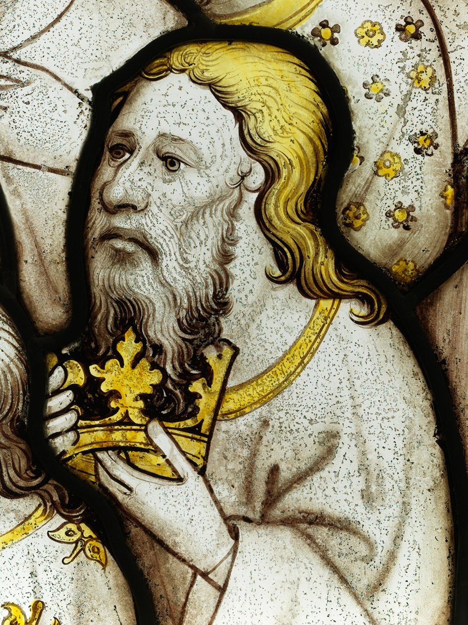 Zachovalá část z Velkého východního okna v York Minster: „Starší uctívají Boha“ od English School