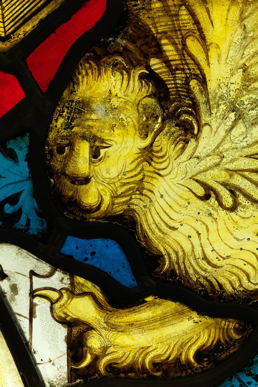 Zachovalá část z Velkého východního okna v York Minster: „Otevření první pečeti“ od English School